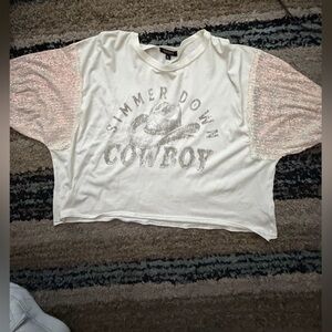 White Graphic Tee with Sequin Sleeves